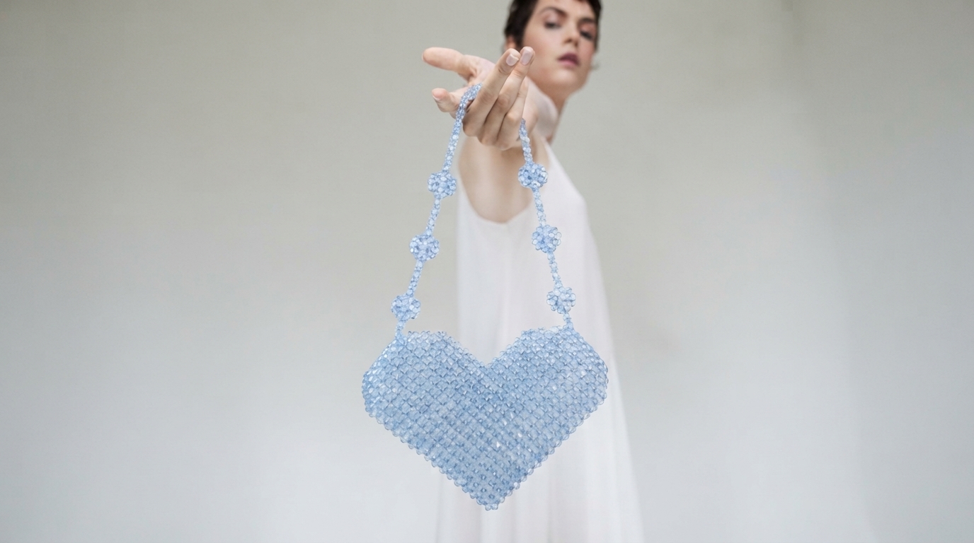 Modelo sosteniendo la cartera Corazón Celeste de Daniela Collection, tejida a mano con cristal